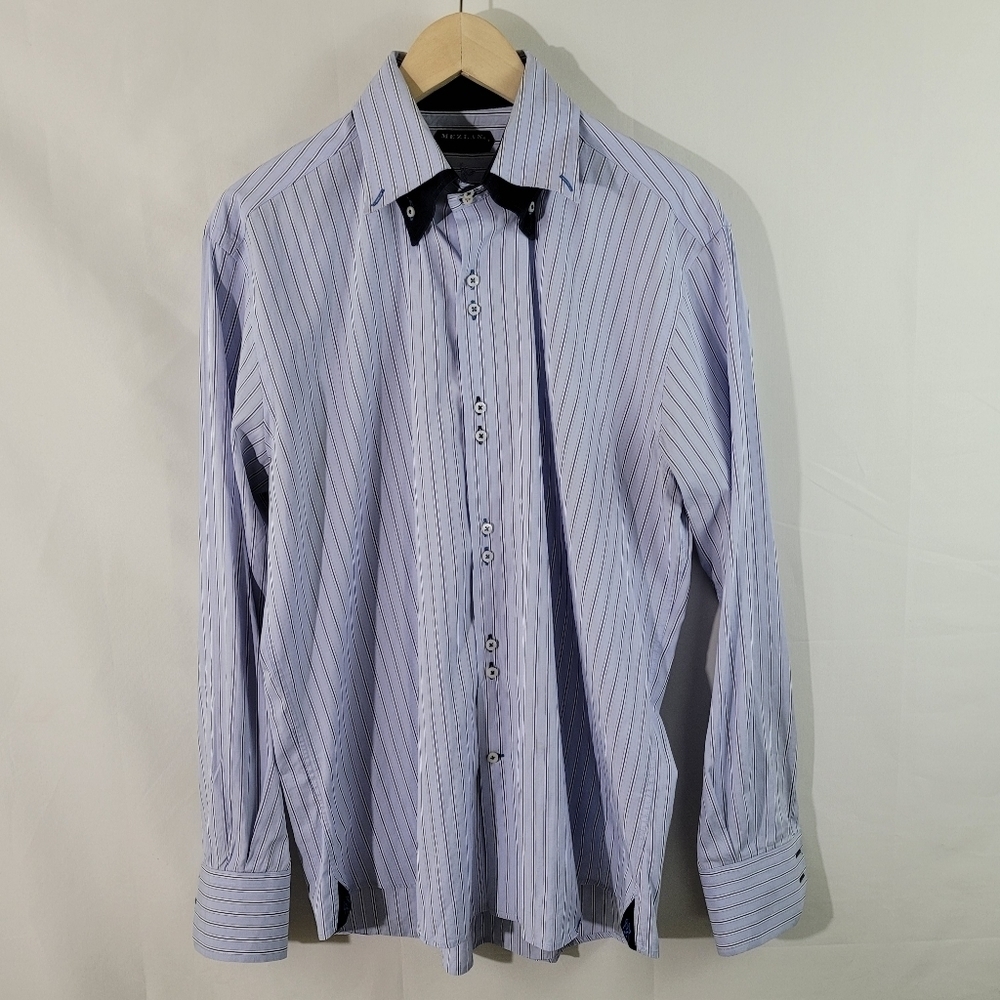 MEZLAN Credo Long Sleeve Blue/White Striped Double Collared Button-Down Shirt